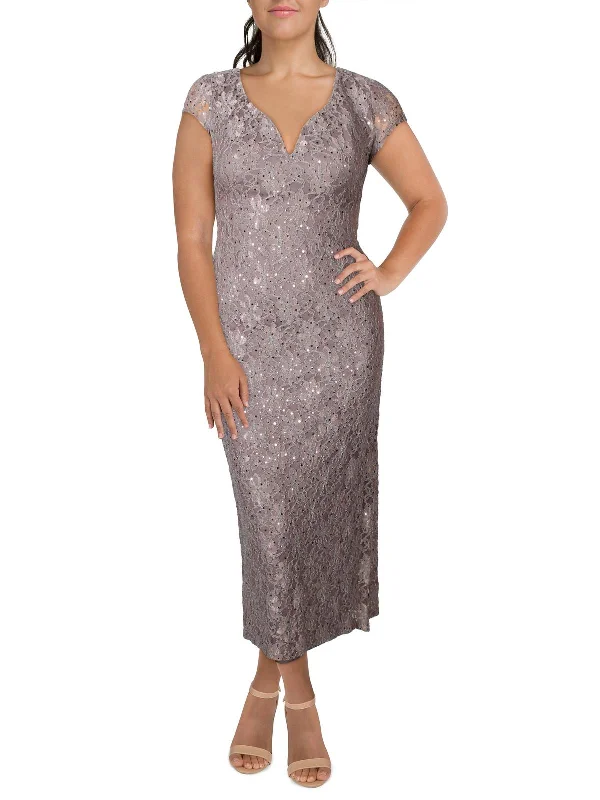 Bold Red Mini Party Dress for Evening Affair -Petites Womens Sequined Lace Evening Dress