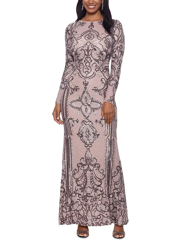 White Satin Party Dress for Elegant Affair -Petites Womens Sequined Long Sleeve Evening Dress