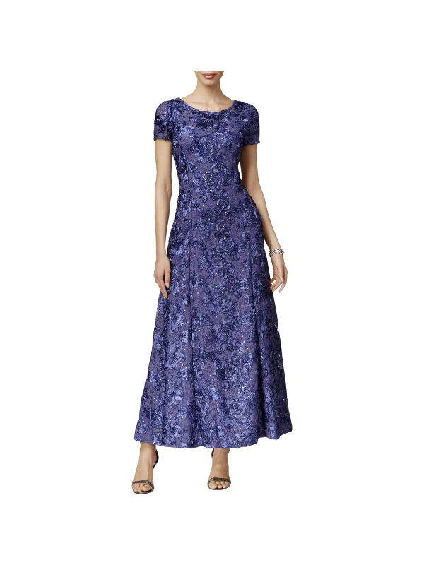 Plunging Neckline Party Dress for Bold Glam -Petites Womens Sequined Rosette Evening Dress