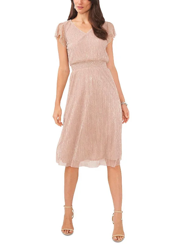 Elegant Pink Party Dress for Formal Gathering -Petites Womens Smocked Midi Cocktail and Party Dress