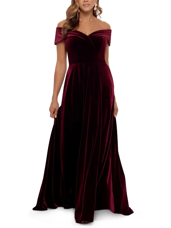 Lacy Party Dress for Soft, Feminine Style -Petites Womens Velvet Off-The-Shoulder Evening Dress