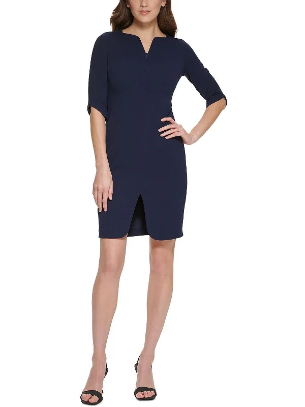 Plus Size Green Bodycon Dress -Petites Womens Zippered Elbow Sleeves Sheath Dress
