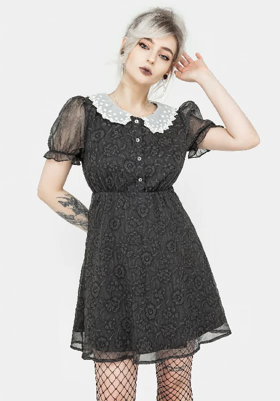 Women's Mini Dress with Sheer Sleeves-Phantasma Lace Collar Mini Dress