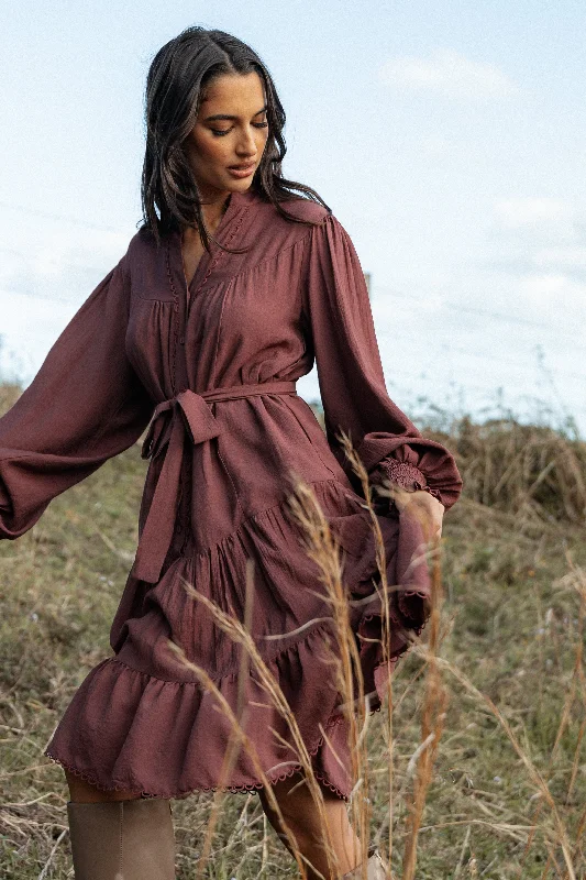 Women's Wide Strap Mini Dress-Pierce Long Sleeve Mini Dress - Dark Wine