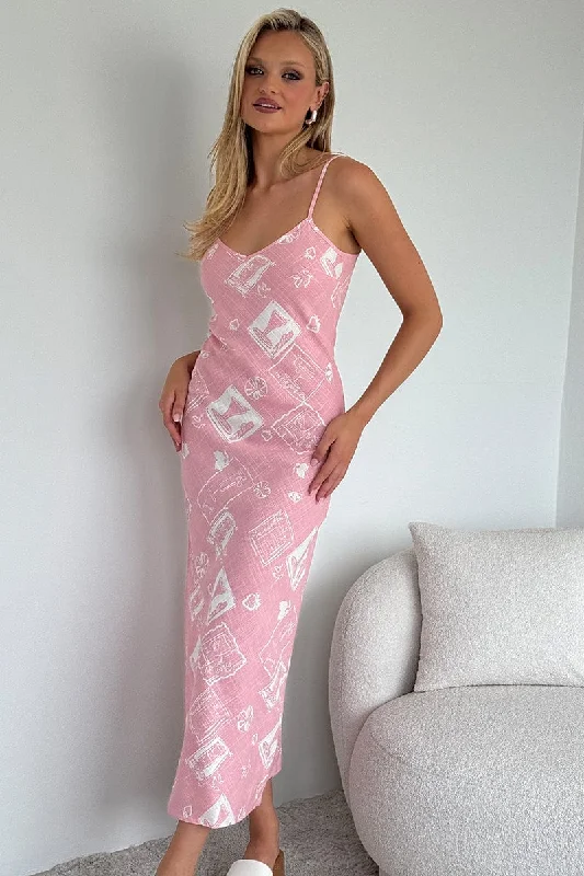 Women's Peplum Maxi Dress-Pink Abstract Maxi Dress Bias Cut