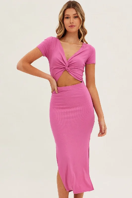 Women's Bodycon Dress with Sequin Detail -Pink Bodycon Dress Rib Twist Front Cut Out Short Sleeve