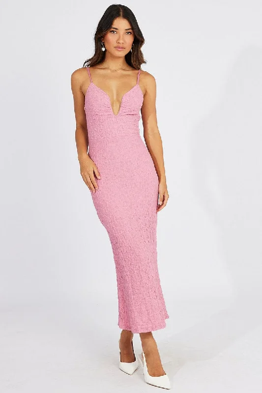 Casual Velvet Bodycon Dress -Pink Bodycon Dress Strappy Textured Fabric