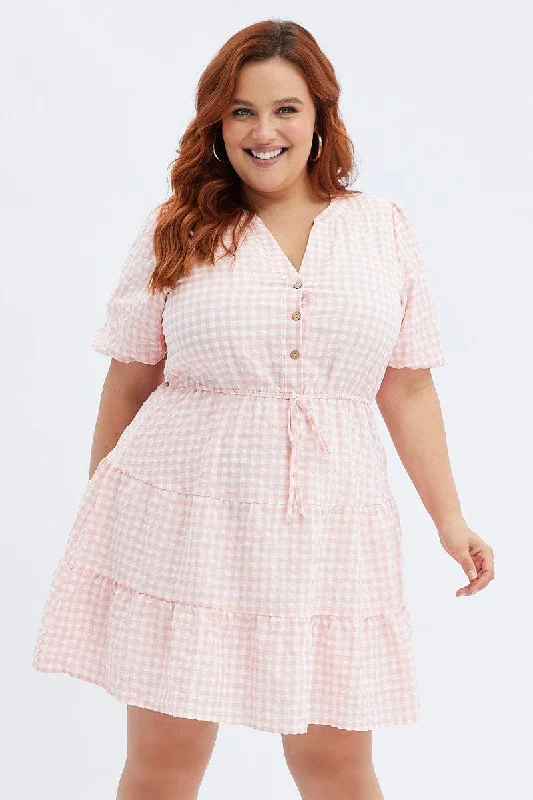 Women's Simple Shirt Dress-Pink Check Shirt Dress Short Sleeve Tiered