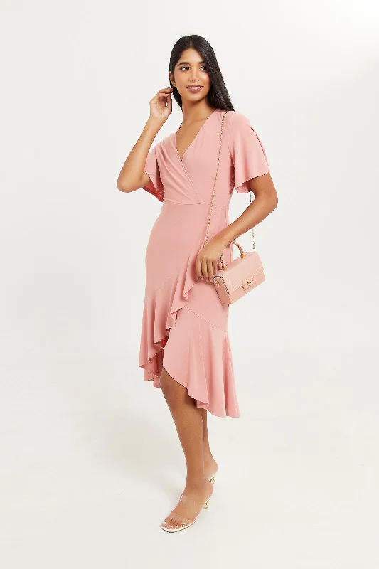 Wrap Dress with Tie Waist -Wrap Dress for Anniversary -Women Pink Plain Wrap Dress