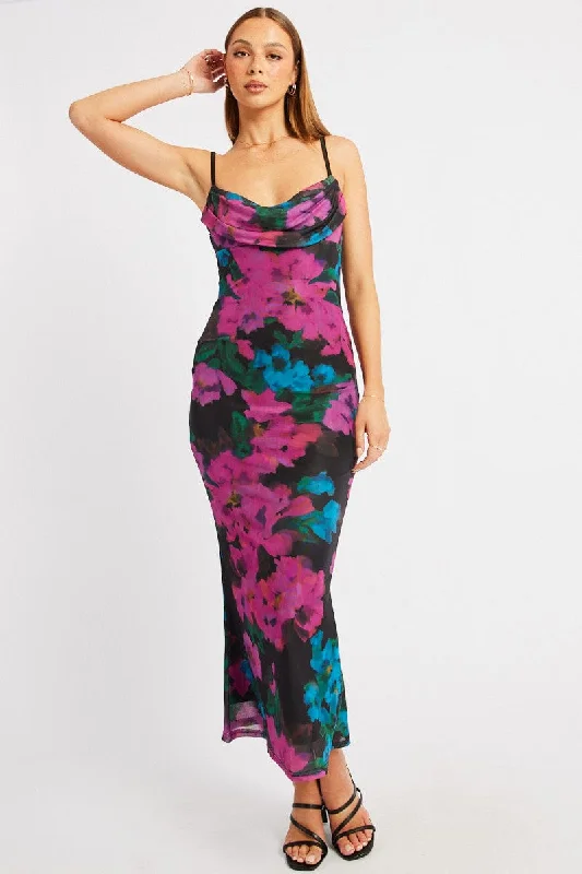 Bodycon Dress with Off-shoulder Sleeves -Pink Floral Bodycon Dress Singlet Cowl Neck Maxi