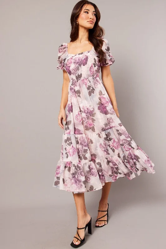 Women's Maxi Dress with Pockets-Pink Floral Maxi Dress Puff Sleeve