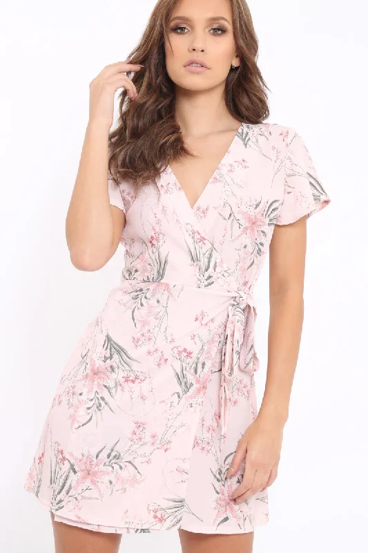 Wrap Dress with Tie Front -Midi Wrap Dress -Pink Floral Print Wrap Dress - Norie