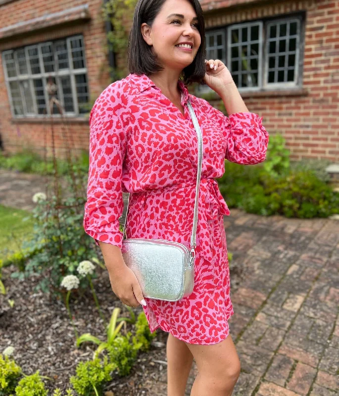 Sleeveless Shirt Dress-Pink Leopard Print Shirt Dress