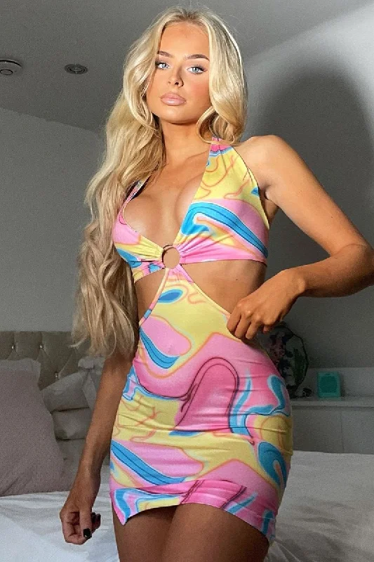 Women's Off-shoulder Knit Mini Dress-Pink Marble Cut Out Ring Detail Halter Neck Mini Dress - Joanie Women's Off-shoulder Knit Mini Dress-Pink Marble Cut Out Ring Detail Halter Neck Mini Dress - Joanie