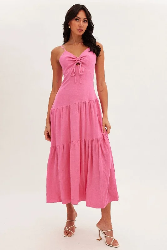 Women's Chic Maxi Dress-Pink Maxi Dress Sleeveless Tiered Linen Blend