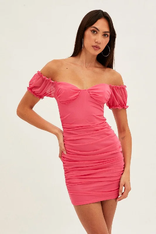 Casual Plus Size Bodycon Dress for Party -Pink Mesh Bodycon Mini Dress