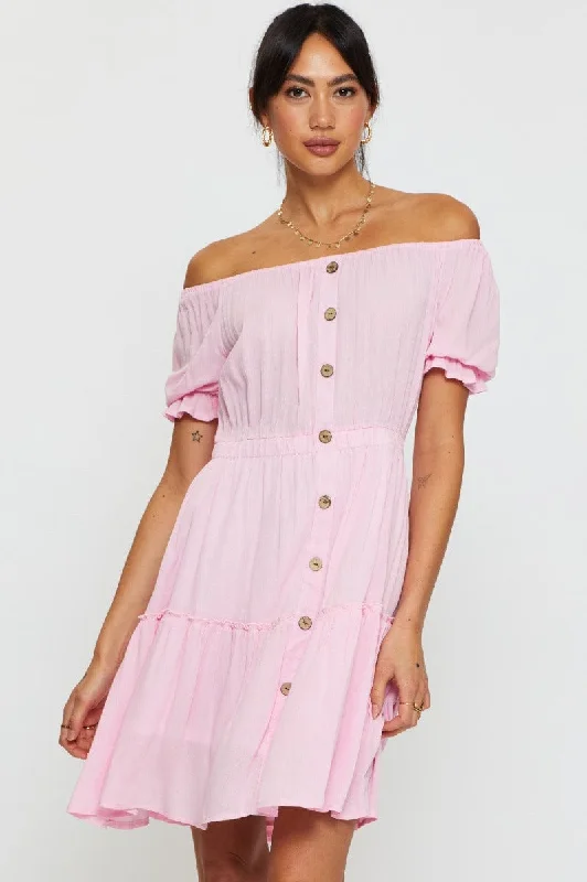 Women's Sexy Lace Mini Dress-Pink Mini Dress Off Shoulder Linen