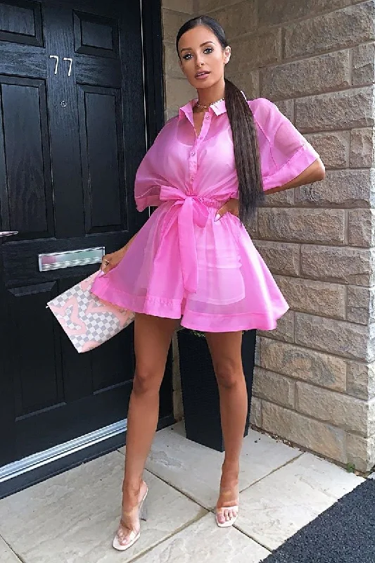 Elegant Satin Slip Dress for Event -Slip Dress with High Neckline -Pink Organza Shirt Slip Insert Dress - Nickie
