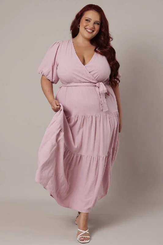 Midi Wrap Dress for Spring -Wrap Dress with Belted Waist -Pink Puff Sleeve Faux Wrap Linen Blend Dress