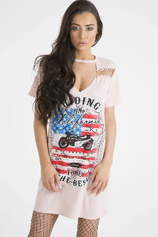 Relaxed Denim Shirt Dress-Pink 'Riding In California' Graphic Print Cut Out Pin Detail T-Shirt Dress - Harper