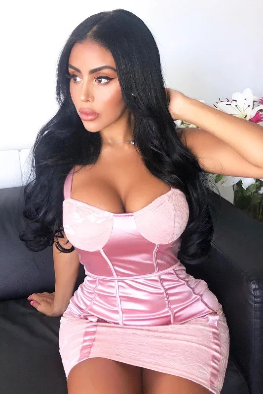 Women's Off-shoulder Bodycon Dress -Pink Satin Lace Detail Bodycon Dress - Niani