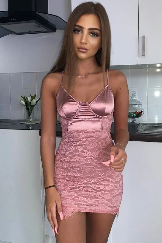 Women's Plus Size Bodycon Dress -Pink Satin Lace Insert Bodycon Mini Dress - Cashlyn