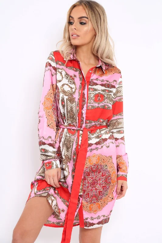 Trendy Denim Shirt Dress-Pink Satin Paisley Print Button Front Shirt Dress - Hailie Trendy Denim Shirt Dress-Pink Satin Paisley Print Button Front Shirt Dress - Hailie