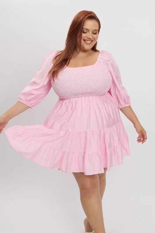 Women's Simple Bodycon Mini Dress-Pink Shirred Bodice Puff Sleeve Tiered Mini Dress Women's Simple Bodycon Mini Dress-Pink Shirred Bodice Puff Sleeve Tiered Mini Dress