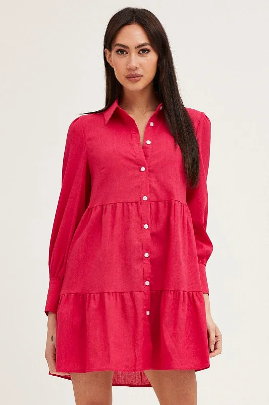 Oversized Button-up Shirt Dress-Pink Shirt Dress Long Sleeve Button Front