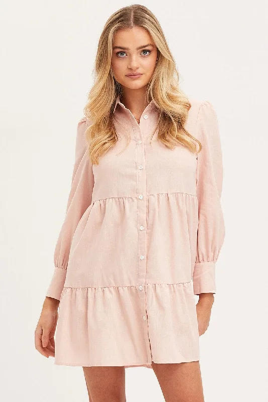 Printed Check Shirt Dress-Pink Shirt Dress Long Sleeve Button Front