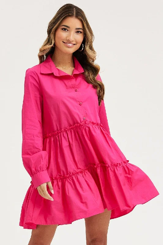 Elegant Plaid Shirt Dress-Pink Shirt Dress Long Sleeve Mini