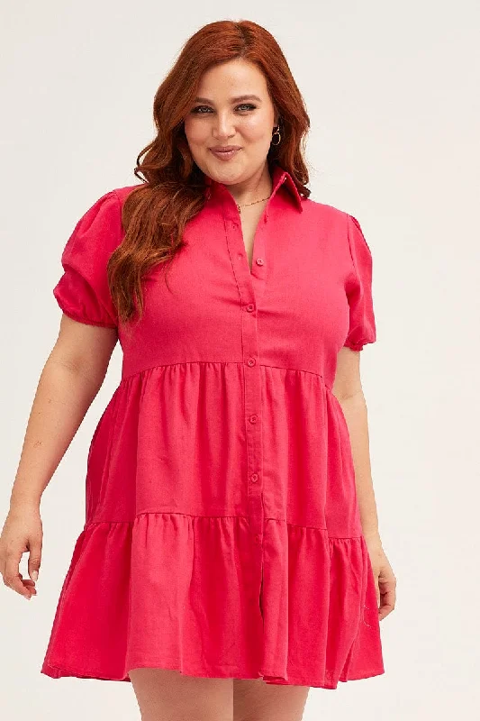 Relaxed Office Shirt Dress-Pink Shirt Dress Puff Sleeve Button