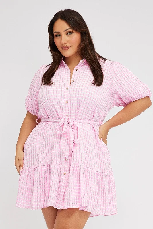 Women's Slim-fit Shirt Dress-Pink Shirt Dress Short Sleeve Tiered