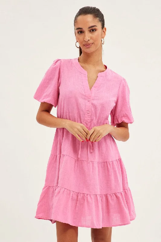 Loose-fitting Cotton Shirt Dress-Pink Shirt Dress Short Sleeve V-Neck Tiered