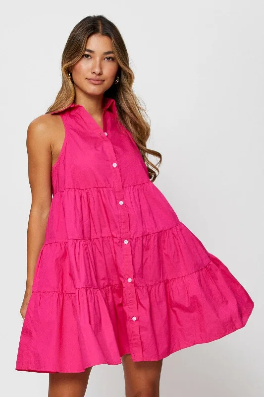 Women's Relaxed Fit Shirt Dress-Pink Shirt Dress Sleeveless V Neck