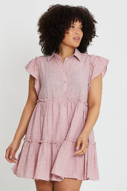 Long Shirt Dress-Pink Short Frill Sleeve Textured Blush Shirtdress
