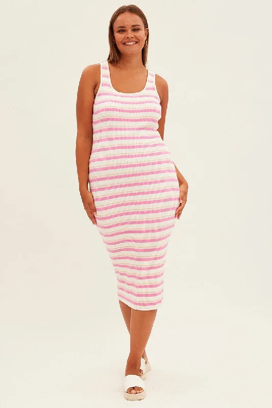 Sleeveless Satin Bodycon Dress -Pink Stripe Knit Dress Sleeveless Bodycon