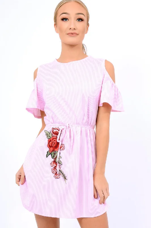 Belted Plaid Shirt Dress-Pink Striped Cold Shoulder Embroidered Shirt Dress - Isadora Belted Plaid Shirt Dress-Pink Striped Cold Shoulder Embroidered Shirt Dress - Isadora