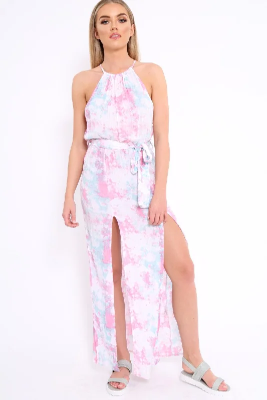 Women's Summer Floral Maxi Dress-Pink Tie Dye Halterneck Maxi Dress - Momina