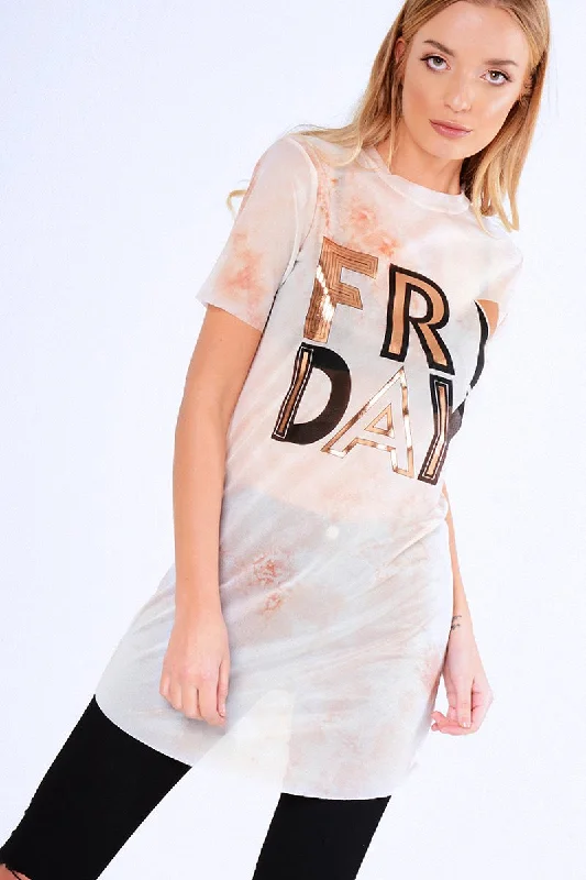Trendy Women's Casual Shirt Dress-Pink Tie Dye Sheer Mesh 'Friday' Slogan T-Shirt Dress - Flynn