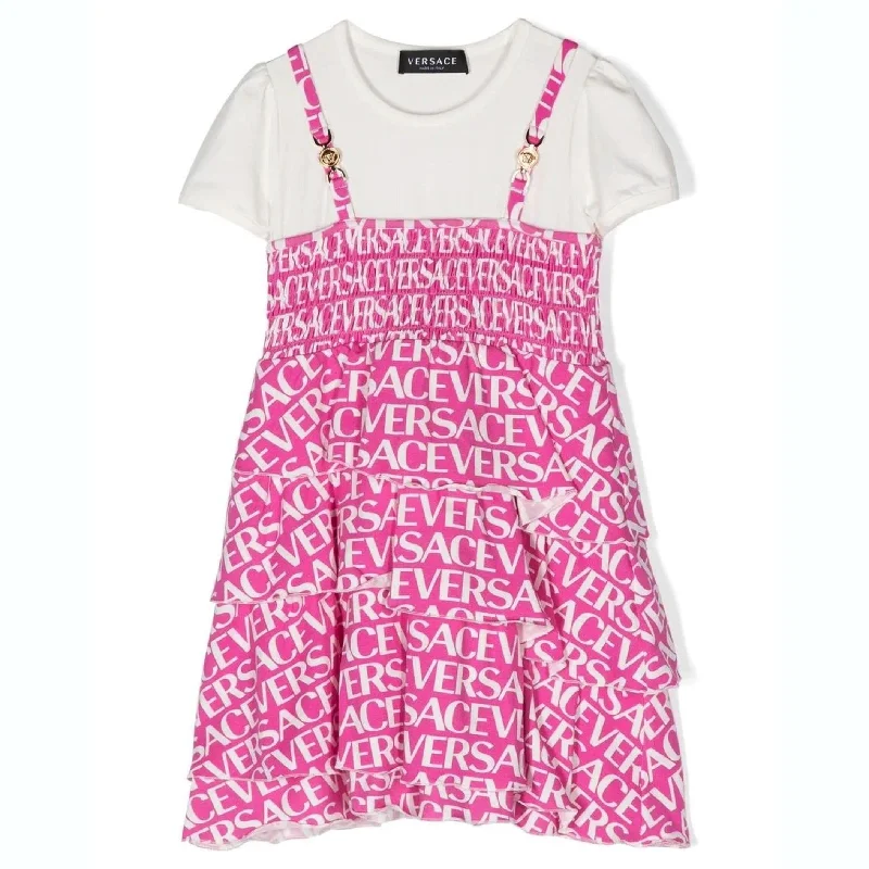 Women's Flowy Shirt Dress-Pink & White Logo Cotton Jersey T-shirt Dress