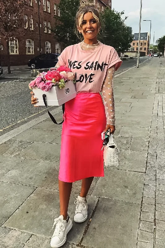 Trendy White Shirt Dress-Pink Yves Saint Love Printed Slogan T-Shirt Dress - Jamey