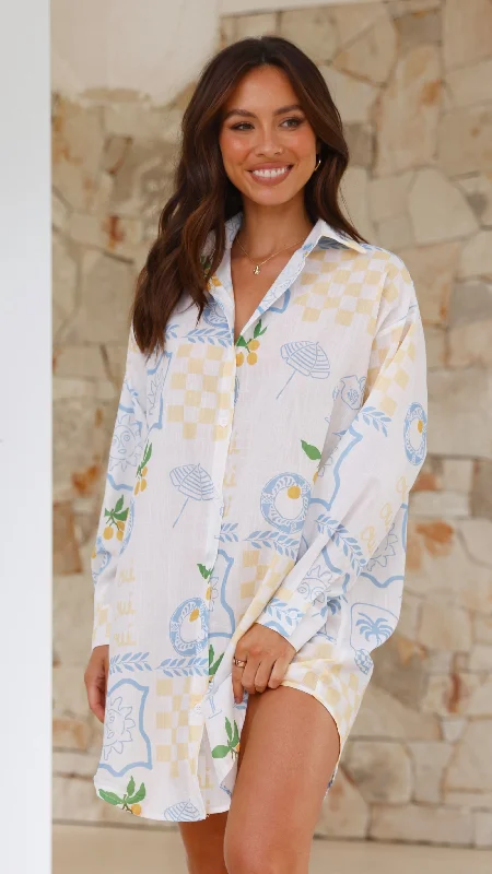 Denim Casual Shirt Dress-Piper Shirt Dress - Blue / Yellow Holiday Print