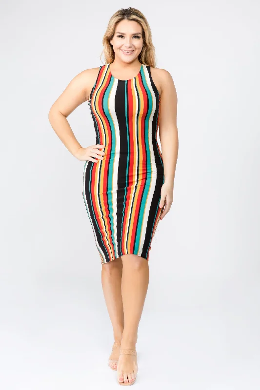 Women's Bodycon Dress with Cutouts -Plus Size Barcelona Multicolored Striped Bodycon Dress