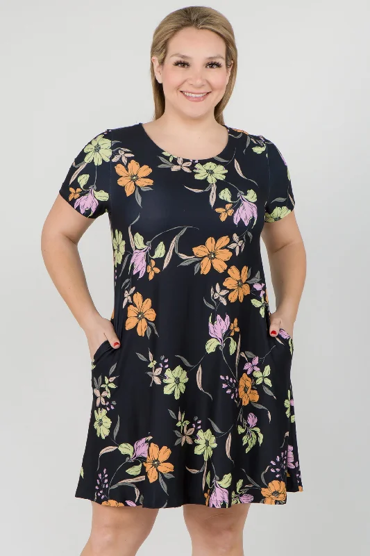 Black Flare Dress -Plus Size Blossom of Lilies Fit and Flare Dress with Pockets