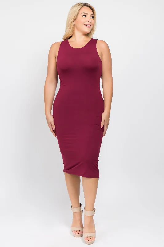Women's Bodycon Dress with Neck Detail -Plus Size Bodycon Tank Midi Dress