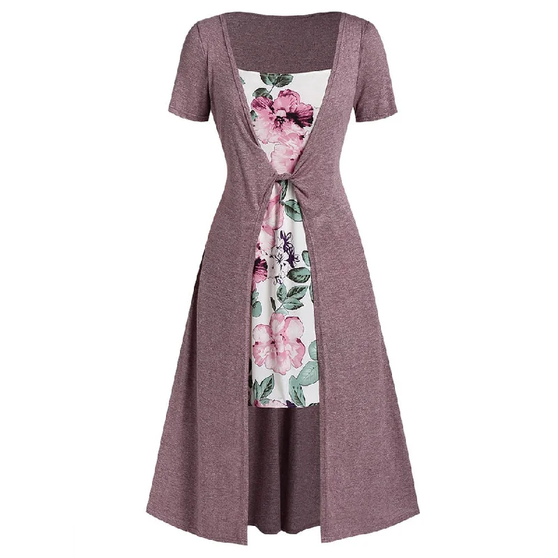 Women's Back Tie Maxi Dress-Plus Size High Waist Maxi Floral Print Dress A-Line Short Sleeves Women Casual Square Collar Ankle-Length Long Dress