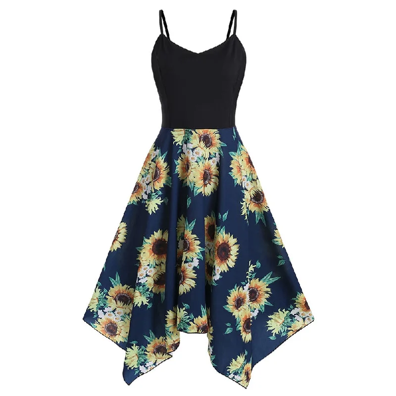 Bodycon Dress for Special Occasion -Plus Size Sunflower Print Handkerchief Dress Asymmetrical Spaghetti Strap Summer Dress Women High Waisted Bodycon Robe Vestidos