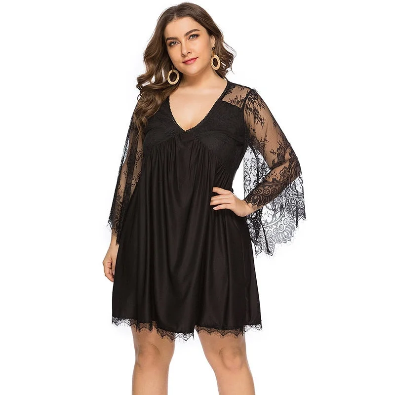 Mesh Insert Party Dress for Edgy Look -Plus Size Women Sexy Dress Lace V Collar Long Sleeve Perspective High Waist Party Dress Hollow Out Mini Club Dress Mesh Insert Party Dress for Edgy Look -Plus Size Women Sexy Dress Lace V Collar Long Sleeve Perspective High Waist Party Dress Hollow Out Mini Club Dress