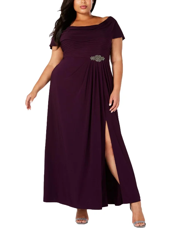 Satin Skater Party Dress for Playful Style -Plus Womens Beaded Cowl Neck Formal Dress